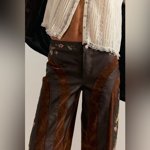 $298! FP We The Free Belle Embroidered Vegan Pants Shaved Chocolate SZ US 4 NWOT - Picture 4 of 4
